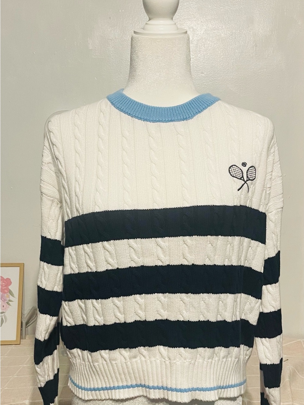 all in motion White Cable-Knit Sweater with Light Blue Trim - Picture 5 of 9